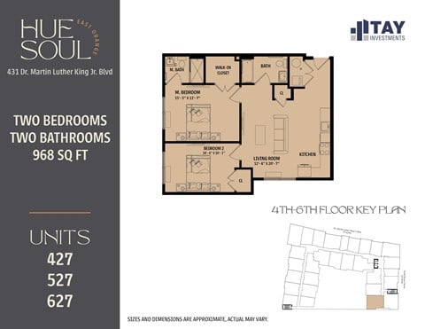 Floor plan for 2 beds, 2 baths, 968 sqft